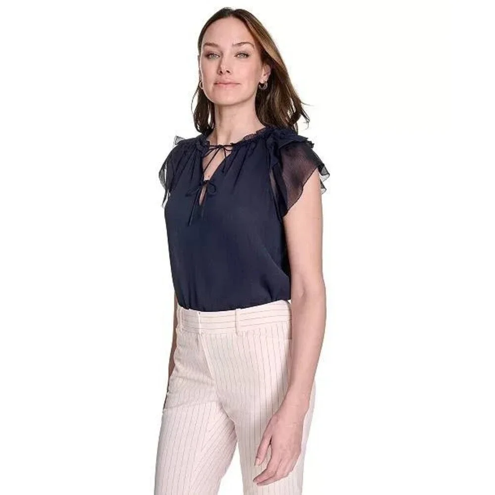Tommy Hilfiger Split‑Neck Flutter‑Sleeve Chiffon Blouse Navy S $79 NWT - Picture 3 of 7